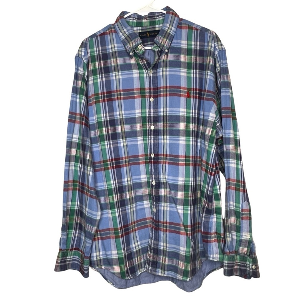 Ralph Lauren DOUBLE FACED Blue Plaid Button Up Sport Shirt XL Chambray Lining